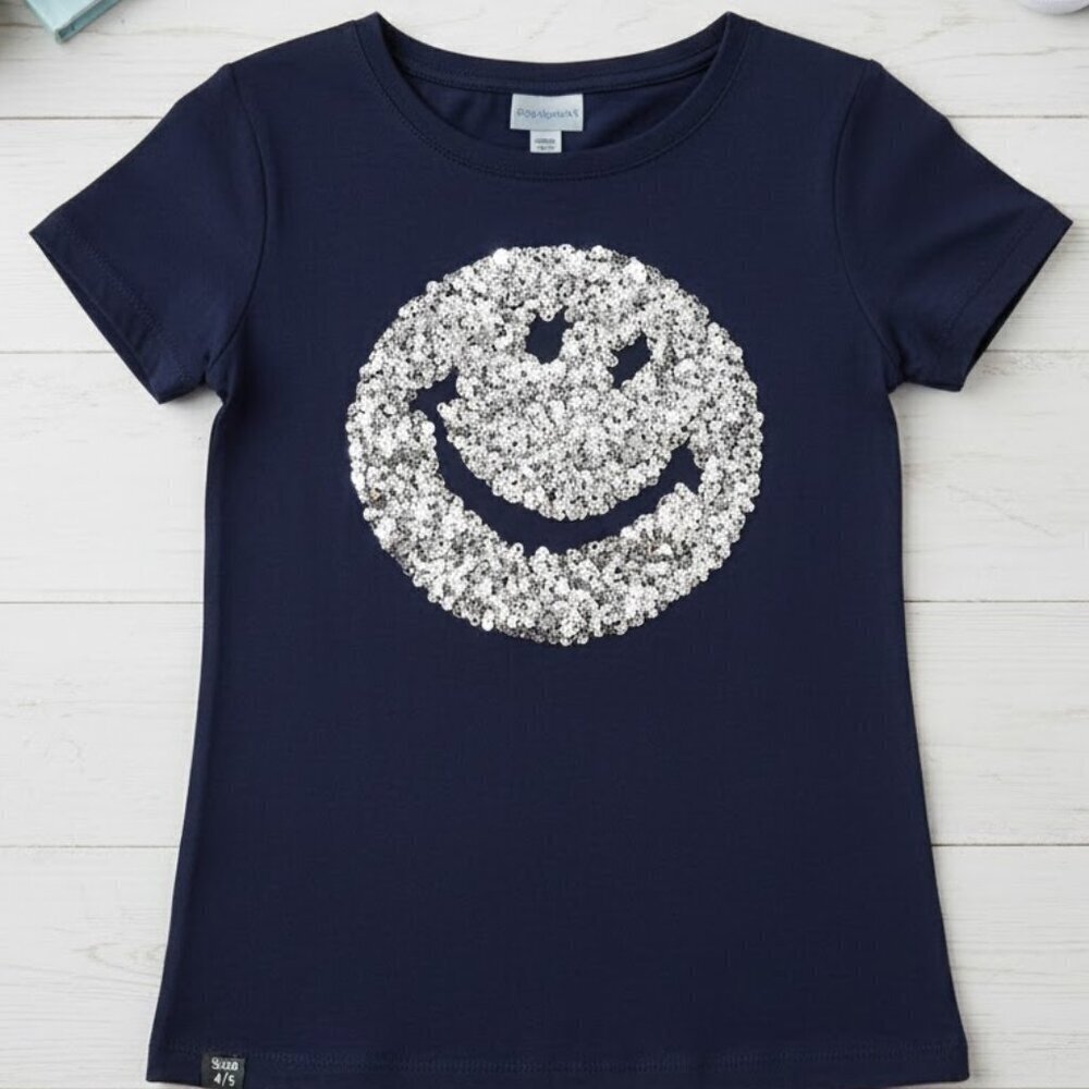 Navy smiley 😃 happy face sequined short sleeve shirt crewcuts collectible
